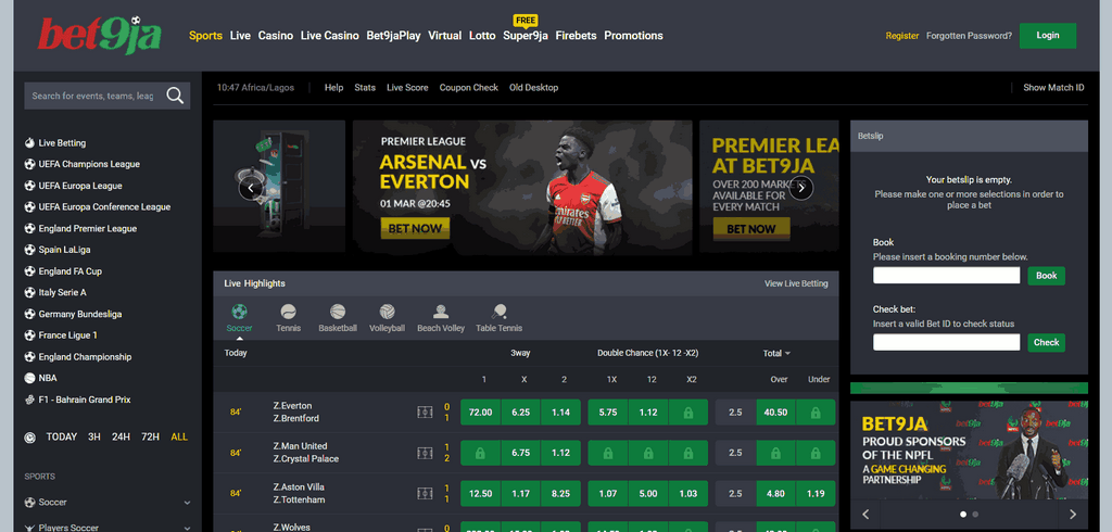 Bet9ja Nigeria - Sporting Activity Betting, Premier Organization Odds, Casino, Bet